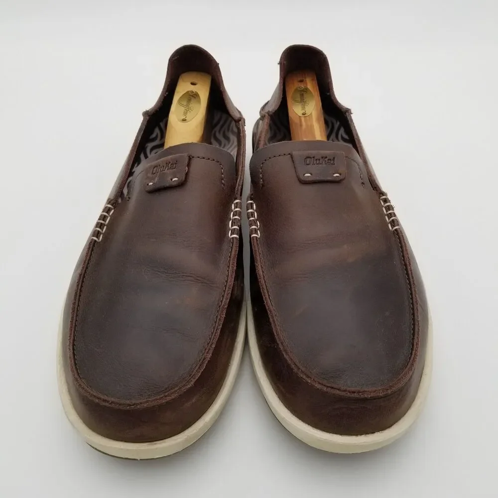 OluKai Kakaha Premium Leather Dark Java Brown Mens Slip-On Loafer Shoe Size 11.5